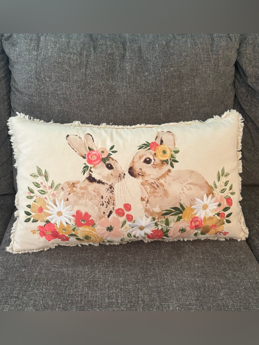 Farmhouse by Rachel Ashwell Easter Bunny Floral Embroidered Lumbar Pillow Cotton